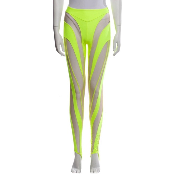 Mugler Women’s Sheer Panel Neon Green Stirrup Leggings Size 34/ US XS. N… - Picture 1 of 12